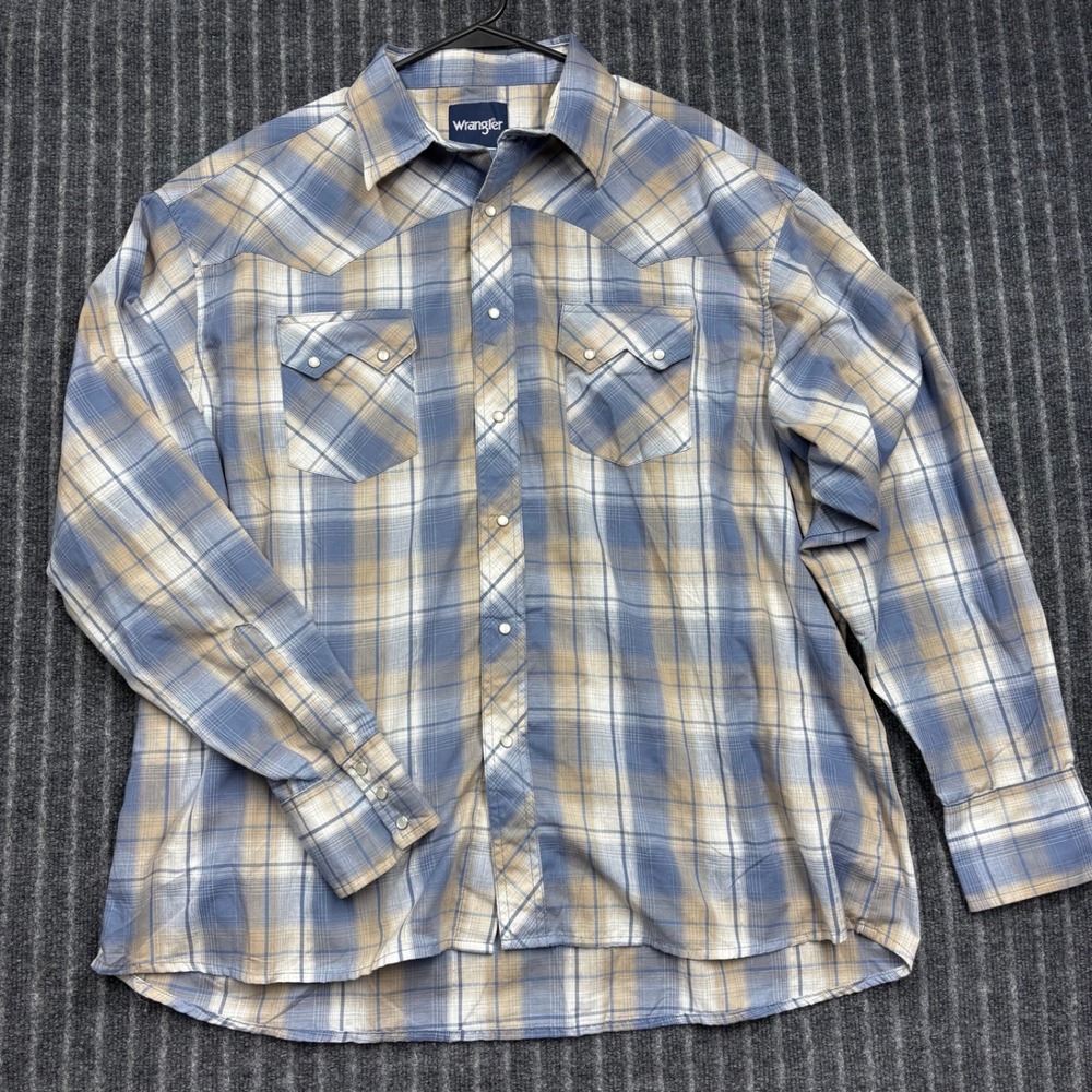Vintage Wrangler Western Shirt XL Blue Tan Plaid Pearl Snap‎ Long Sleeve (2241)